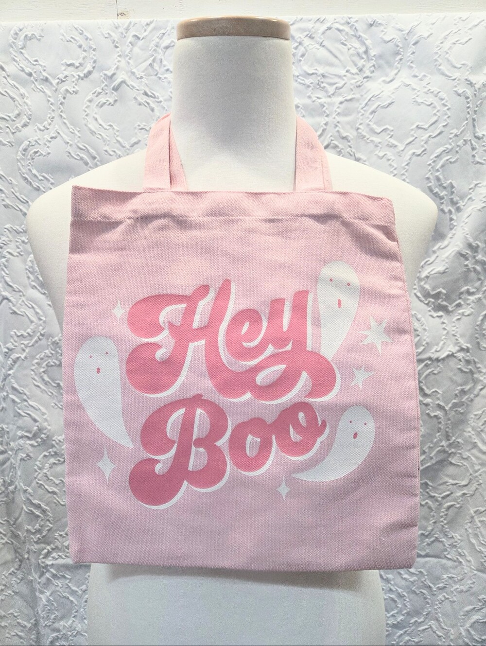 Pink Hey Boo Canvas Tote Bag Halloween